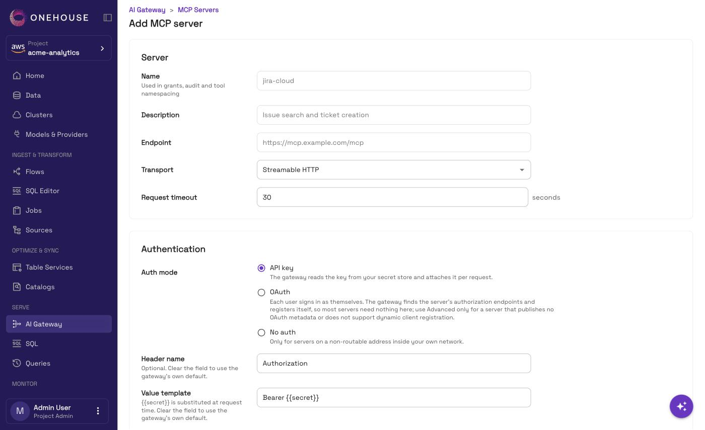 The Add MCP server form: name, description, endpoint, and the three auth modes