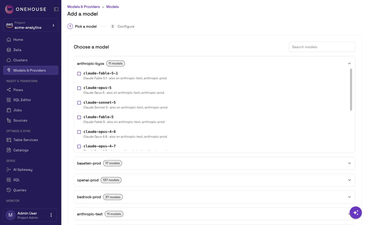 Picking a model in the Add a model flow