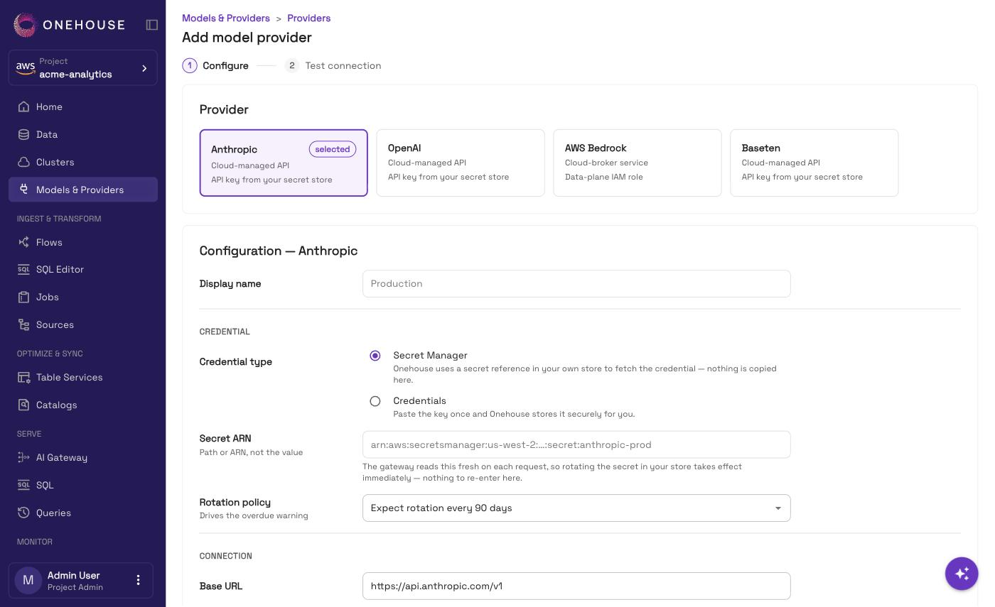 The Add model provider form with the four provider cards and the credential type toggle