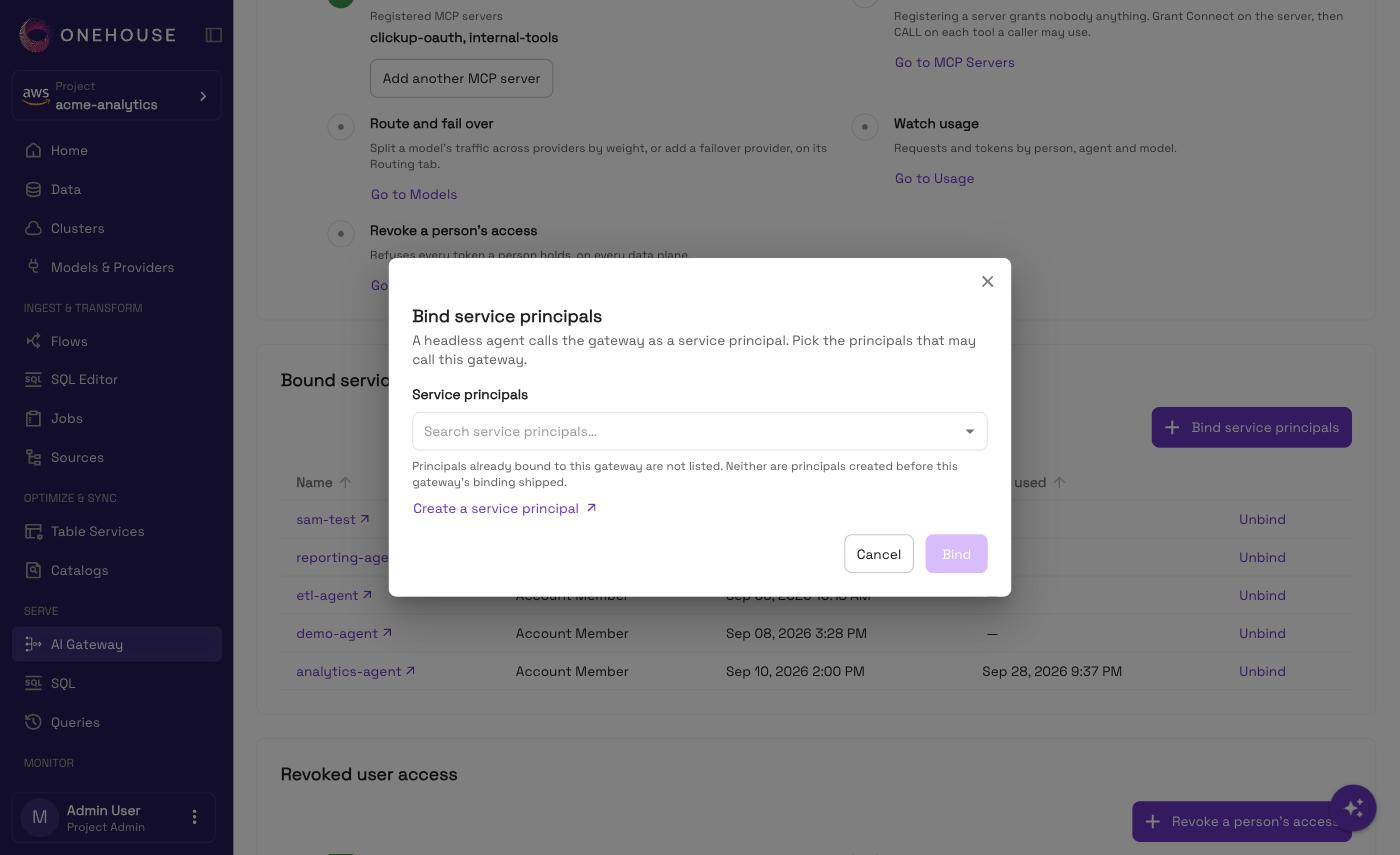 The Bind service principals dialog over the AI Gateway Overview, with the principal picker and the Create a service principal link