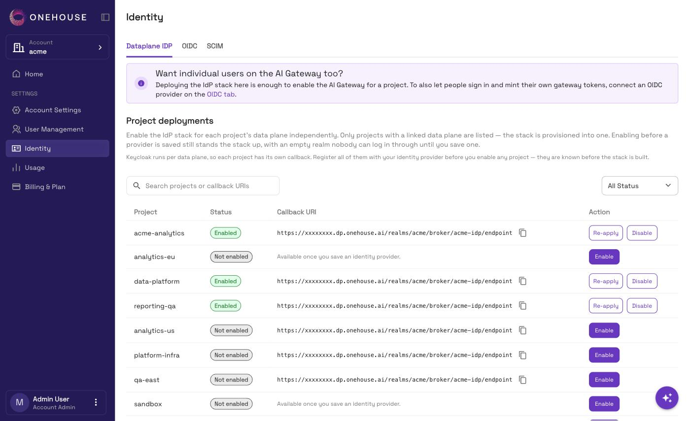 Account Settings › Identity, the Dataplane IDP tab selected, with the Project deployments table and a mix of Not enabled and Enabled rows