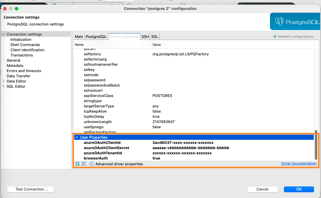 DBeaver - Driver properties for authentication