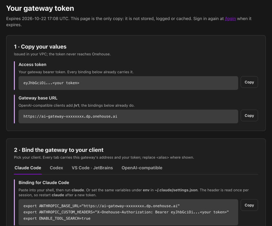 The gateway's token page: the expiry, "Copy your values" with the token and base URL, and the client tabs below
