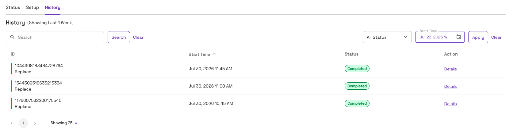 History tab showing Replace runs on an Iceberg table