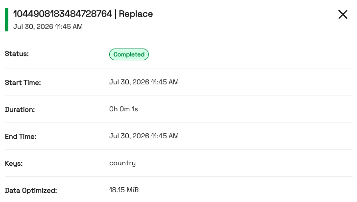 Run details for a Replace clustering run