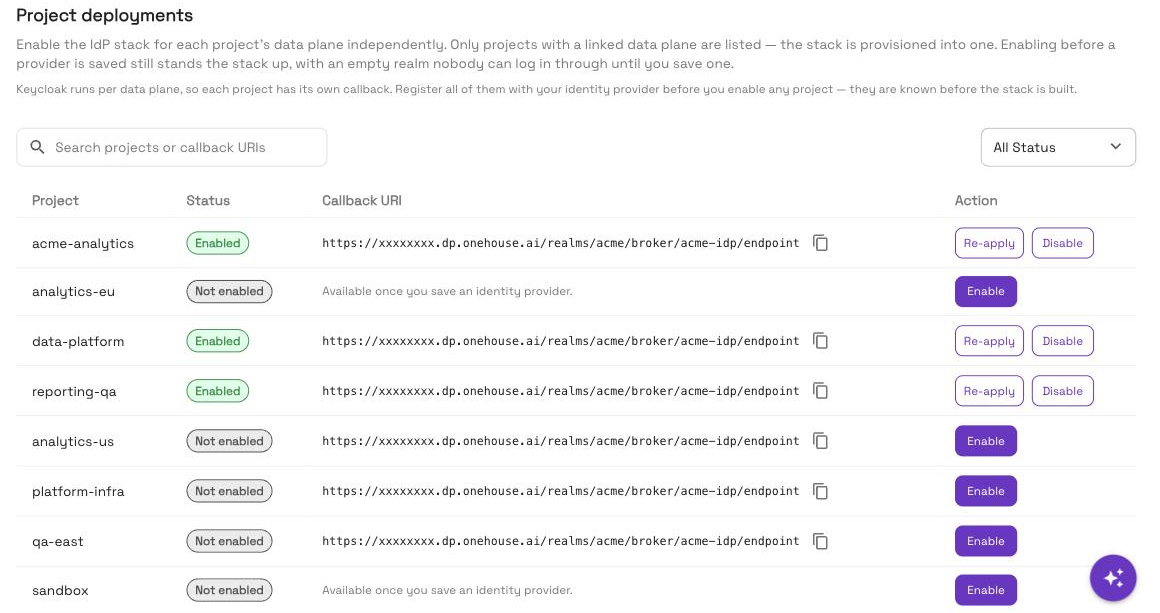 Account Settings › Identity, Dataplane IDP tab, the Project deployments table with this project's row and an Enabled status