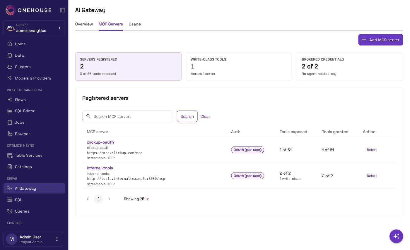 The MCP Servers tab on the AI Gateway page, listing registered servers with their auth mode and tool counts