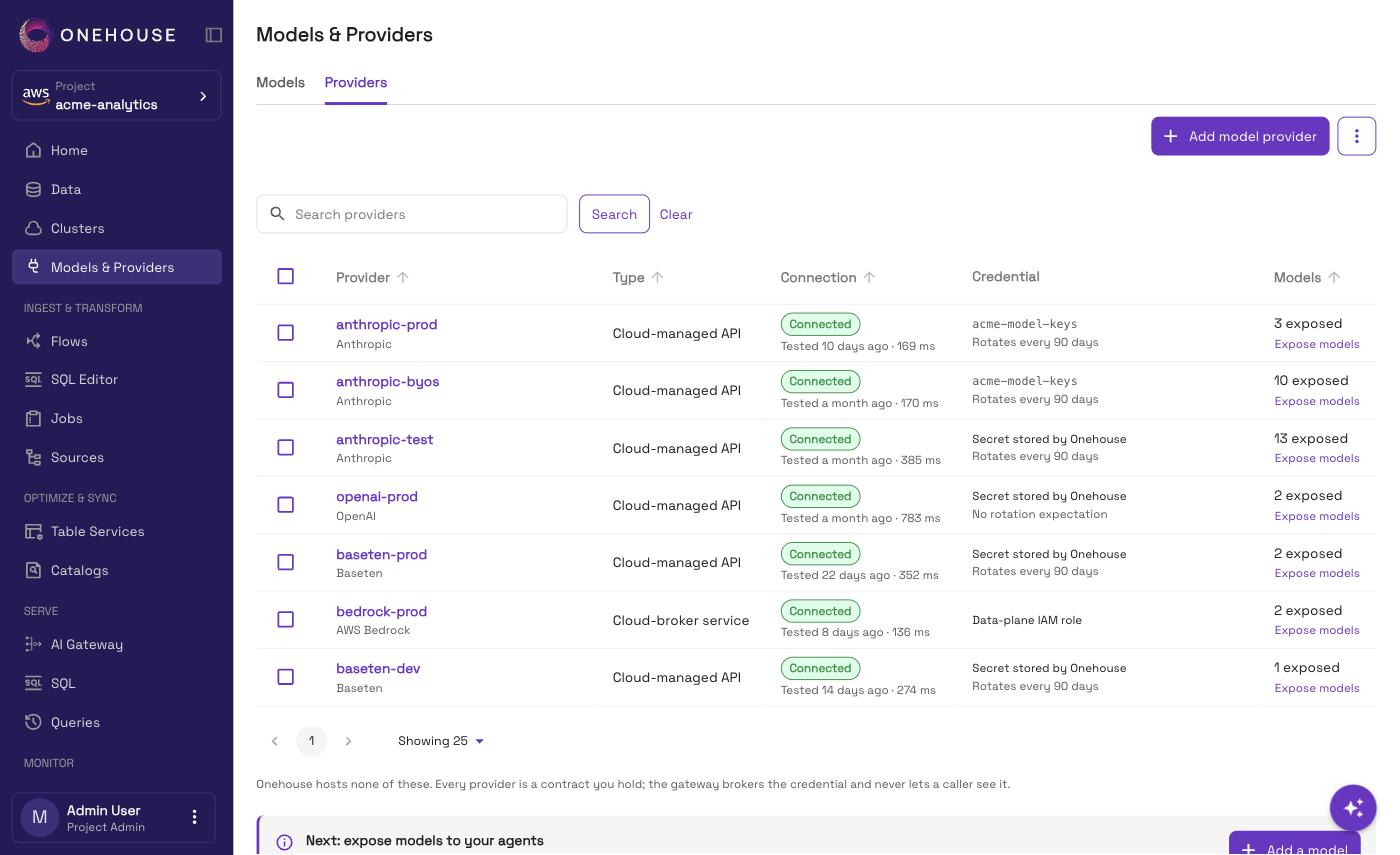 The Models and Providers page with its Models and Providers tabs, Providers tab selected and a few providers listed