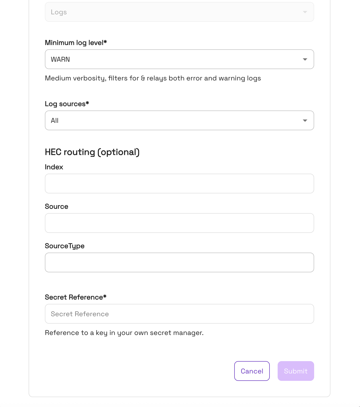 HEC routing fields and the Secret Reference field