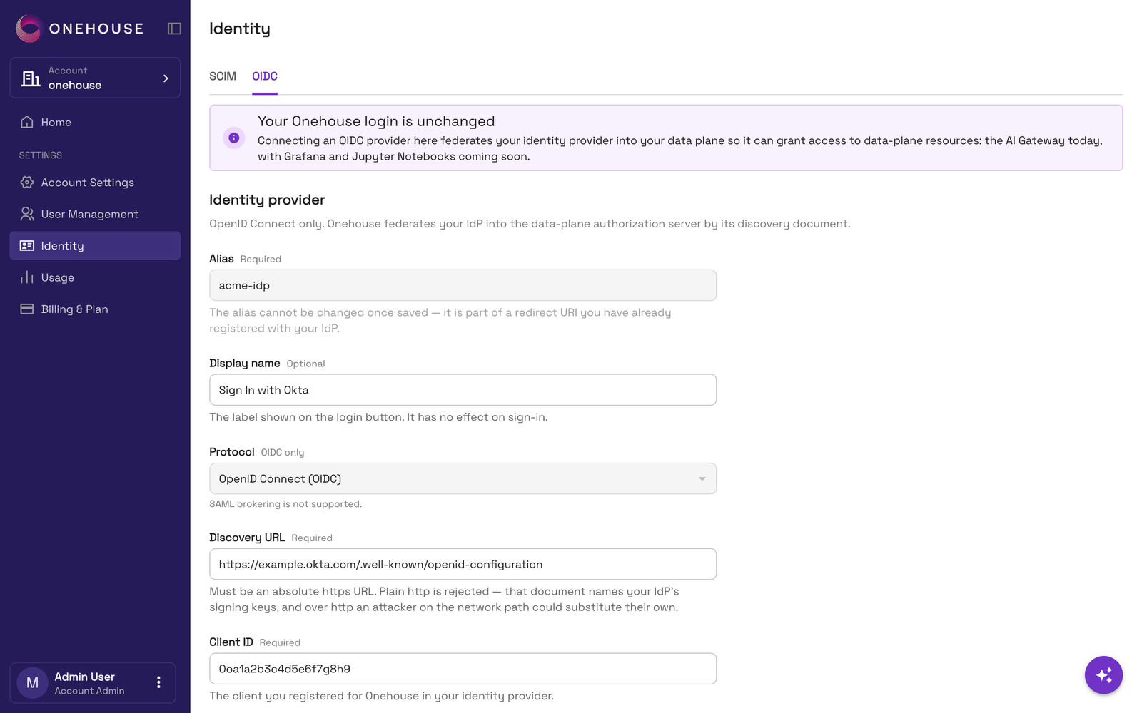 Account Settings › Identity › OIDC, the provider form with Alias, Display name, Protocol, Discovery URL, Client ID and Client secret, and the Test connection button