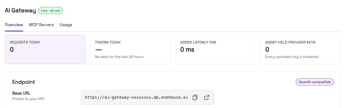 The live AI Gateway Overview: the Live status beside the title, the four counters, and the Endpoint card with the base URL