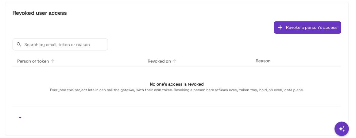 The Revoked user access section on the Overview, with one revoked person and the Restore action