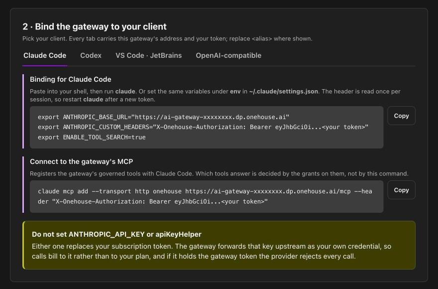 The gateway token page with the Claude Code tab selected, showing the three exports and the claude mcp add line
