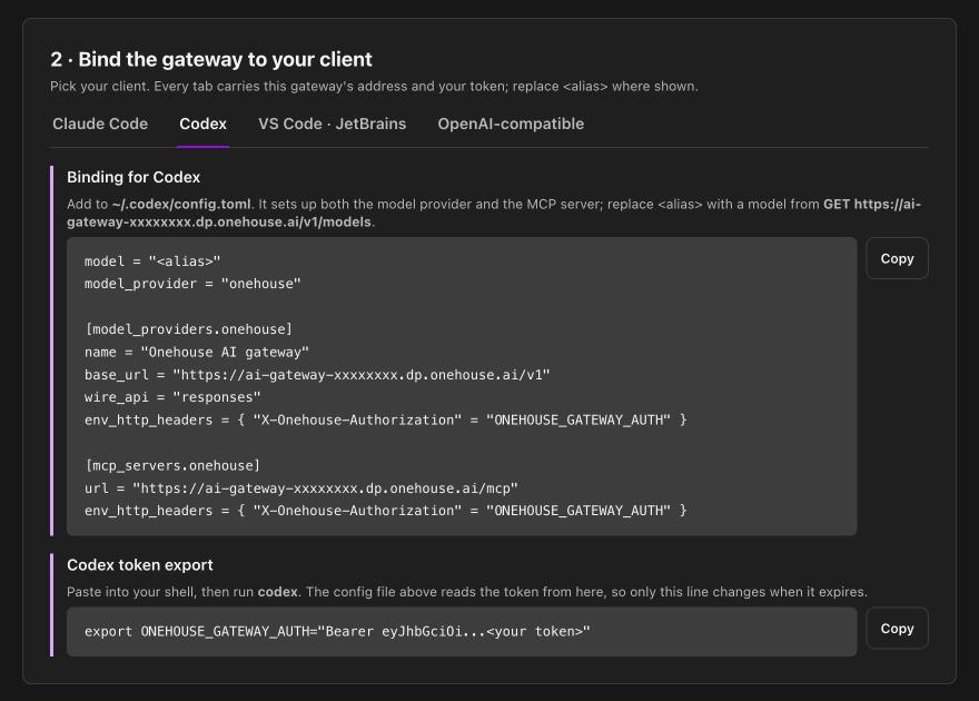 The gateway token page with the Codex tab selected, showing the config.toml block and the export